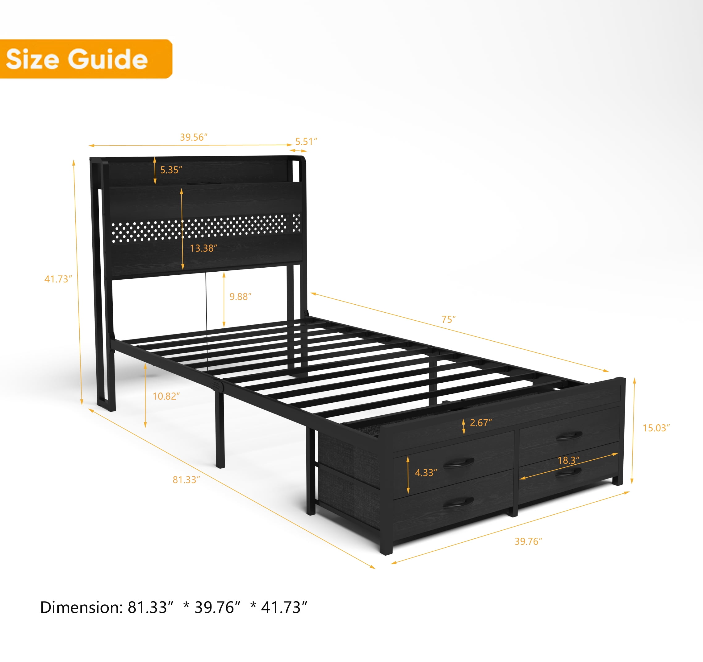 Yoneston Twin Size Kids RGB LED Platform Bed Frames with Storage Headboard, USB Charging Station and 4 Footboard Drawers for Teens Child, Black
