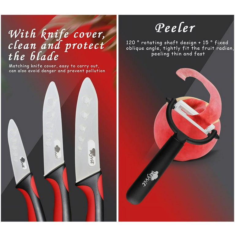  CORESLUX Ceramic knife, 6 Piece Ceramic Kitchen Knife Set, Ceramic  Knives Set for Kitchen 6 Chef Knife 5 Utility Knife 4 Fruit Knife 3  Paring Knife 1'' Vegetable Fruit Peeler(Black): Home
