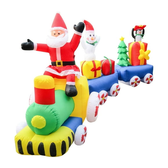 Train gonflable lumineux avec père noël, bonhomme de neige, sapin et paquets cadeaux, 10 PI