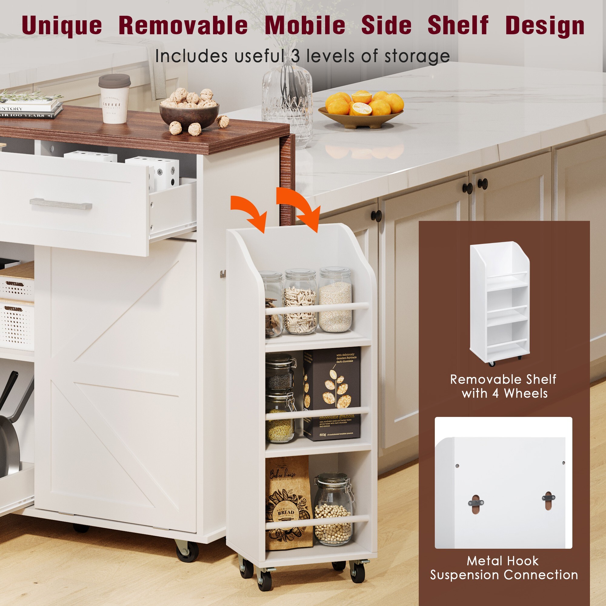AENKYO 47.2" Farmhouse Kitchen Island with Removable Side Shelf, Tilt-Out Trash Bin, Storage Cabinet & Drawers, White
