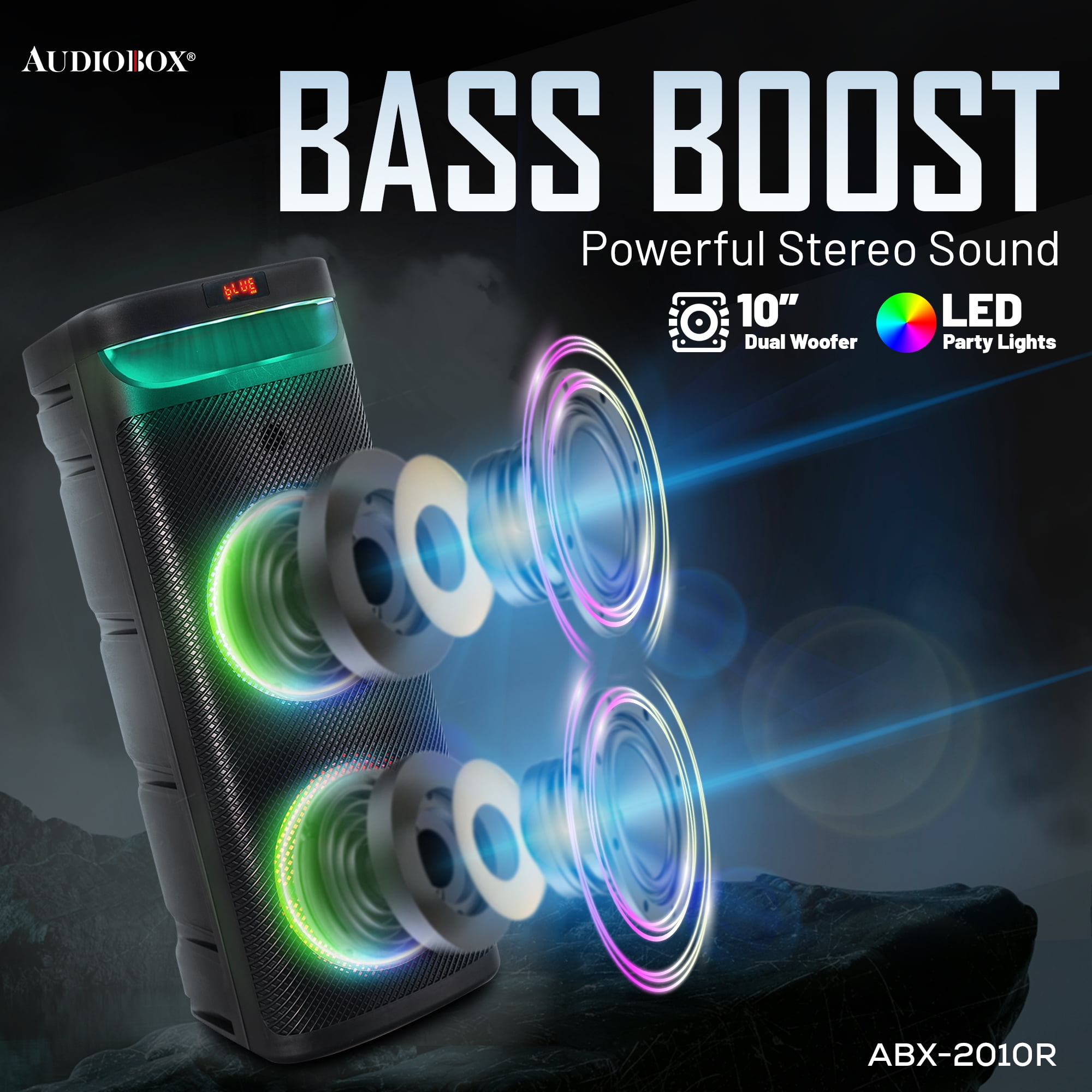 Audiobox ABX-2010R Dual 10" Party Bluetooth Speaker - Portable Karaoke Machine with Bluetooth, USB, TF Card, FM Radio, and Wired Microphone - Ideal for Parties and Events