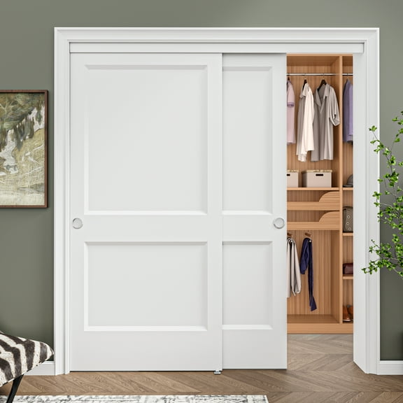 72'' x 80'' Bypass Sliding Closet Door, 2 Panel Solid Core & White Wood Texture Frame, Pre-assembled Door Panels for Easy Installation