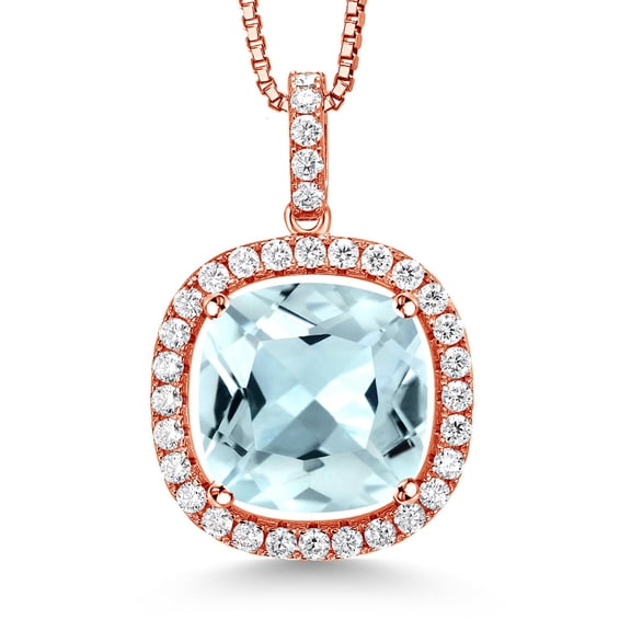Gem Stone King 18K Rose Gold Plated Silver Pendant with Chain Simulated Aquamarine Moissanite (12.05 Cttw)