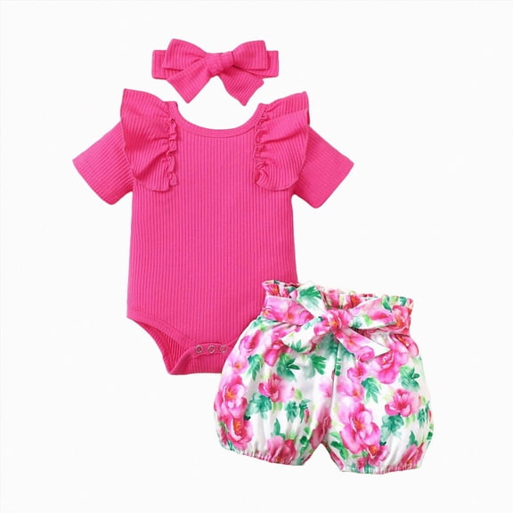 KPOPLK 3PCS Baby Girl Clothes Newborn Infant Outfits Ribbed Romper Bodysuit Floral Print Shorts 0 3 6 9 12 18 Months Size 3-6 Months,Hot Pink