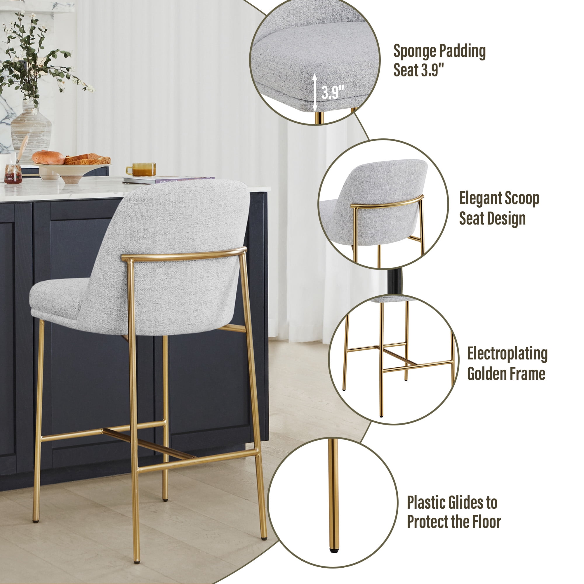 Spruce & Spring Modern 27-Inch Contemporary Counter Stool Set with Upholstered Seat and Metal Frame Set of 2, Cloud Fabric