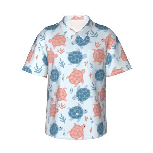 Fotbe Sea Turtle for Men Unisex Summer Beach Casual Short Sleeve Cotton Linen Button Down Shirts,Small