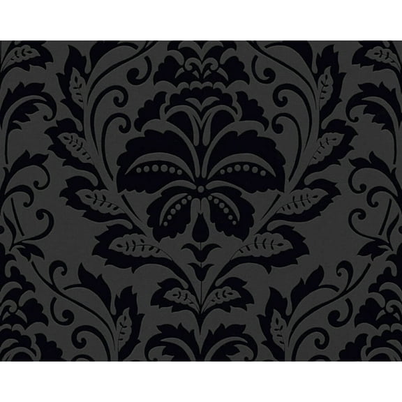 Concord Wallcoverings Textured Wallpaper Damask Floral Ornament, Black, 21 In x 33 Ft (56 sq. ft), 255426