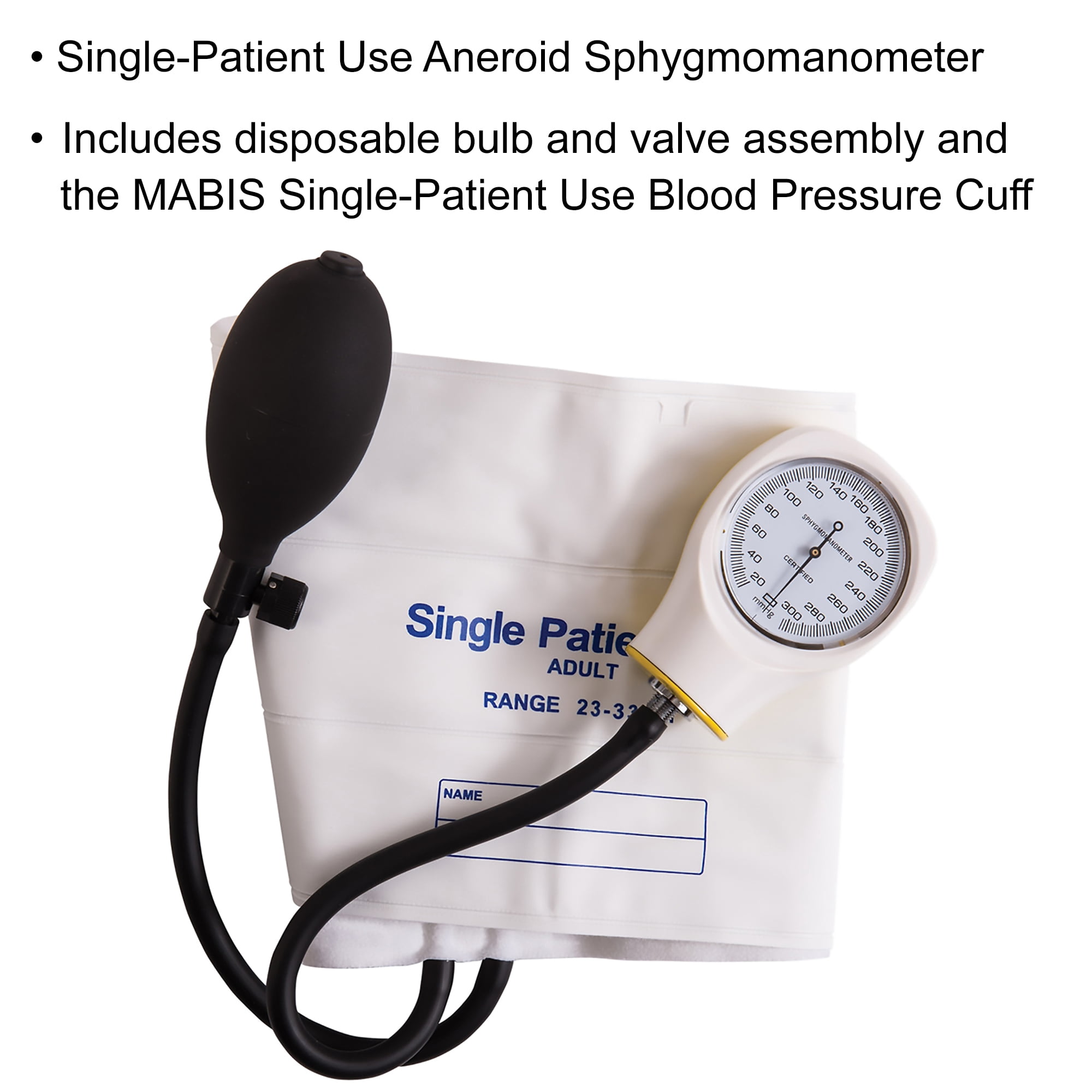 MABIS Adult Cuff Arm Aneroid Sphygmomanometer Unit 2-Tubes White 5 per Box