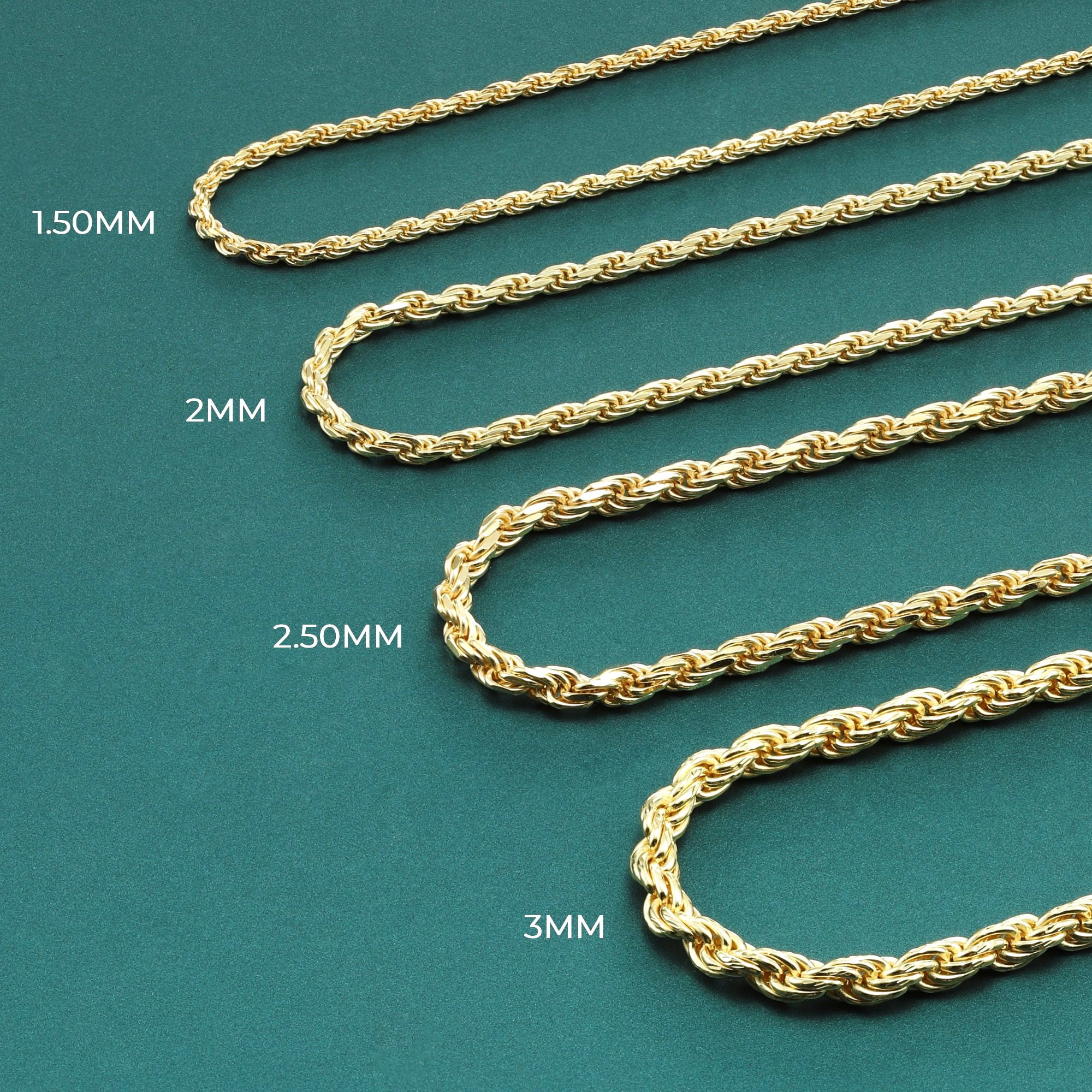Tilo Jewelry Yellow Gold Plated 925 Sterling Silver Rope Chain Necklace with Secure Lobster Lock | 2.5mm - 24 Inch | Everyday Necklace for Men, Women, Unisex