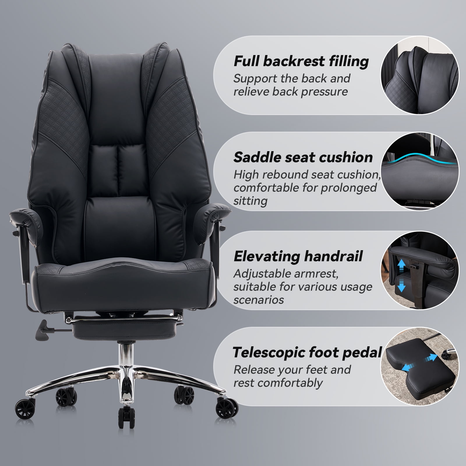 ATMILD High Back Ergonomic Office Chair Big and Tall Leather Executive Computer Desk Chair with Footrest, Black