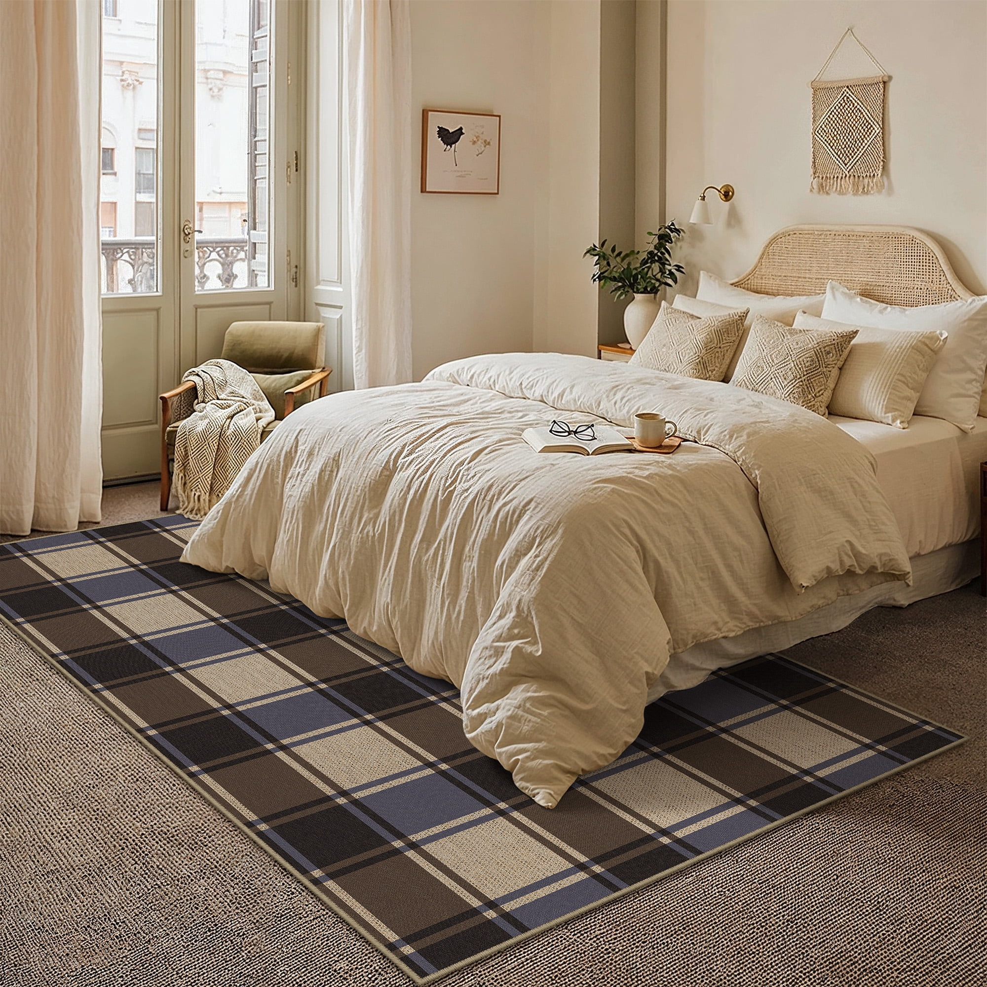 WIPONKEN 5'x7' Easy Jute Checkered Area Rugs for Living Room, Dining Room Office Neutral Carpet Farmhouse Outdoor Patio Checkerboard Washable Non Slip Geometric Rug, Blue Checkered