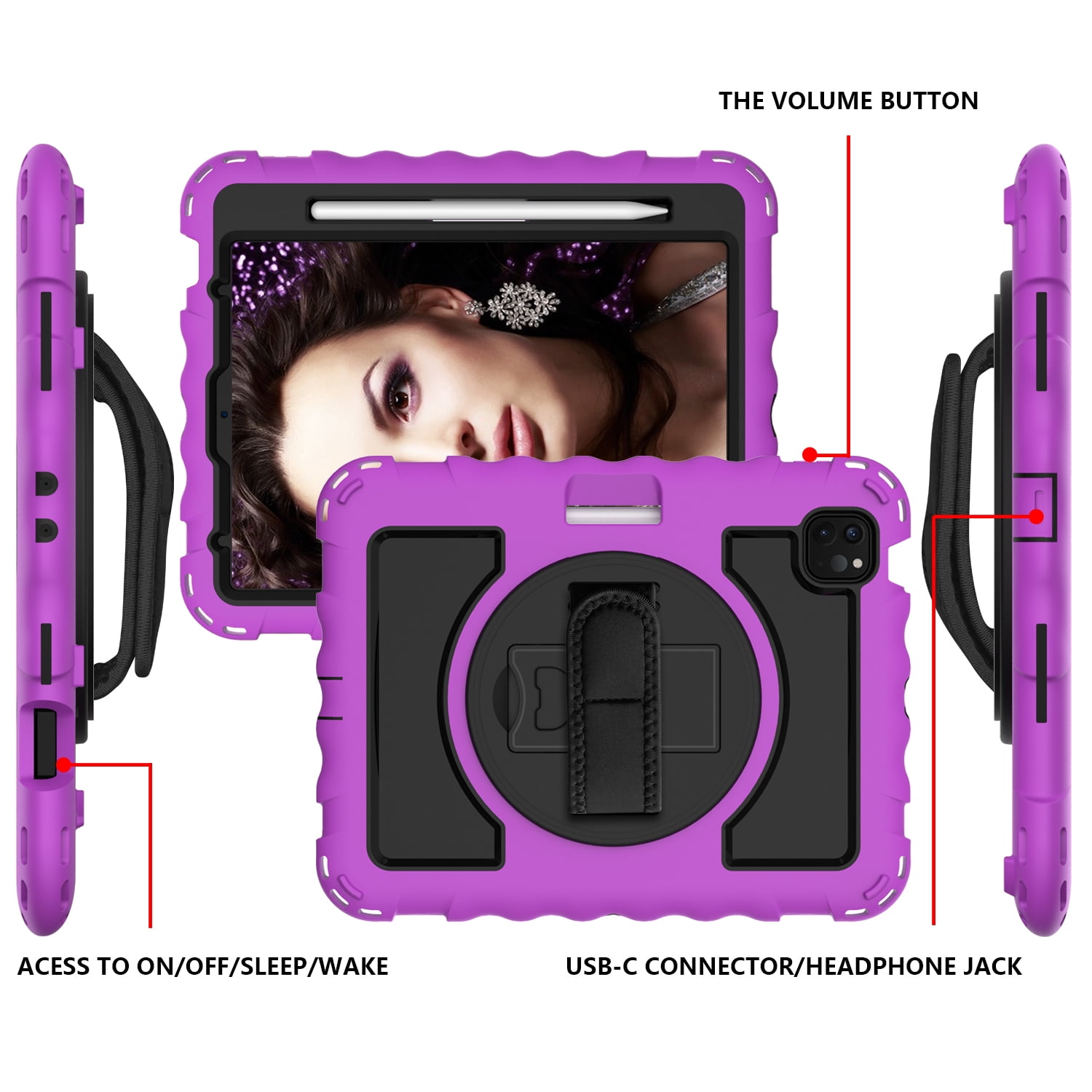 Allytech iPad Air 5 4 10.9 Case 2022/2020, Heavy Duty Shockproof Kids Case with Pencil Holder Hand Strap Kickstand Shoulder Strap for Apple iPad Air 5th 4th Generation 10.9 Inch -Purple