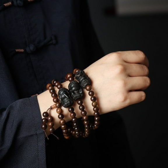 Agarwood Buddhist Mala Bracelet Three Wise Monkeys Design Adjustable Polished Prayer Beads Unisex Jewelry for Men or Women