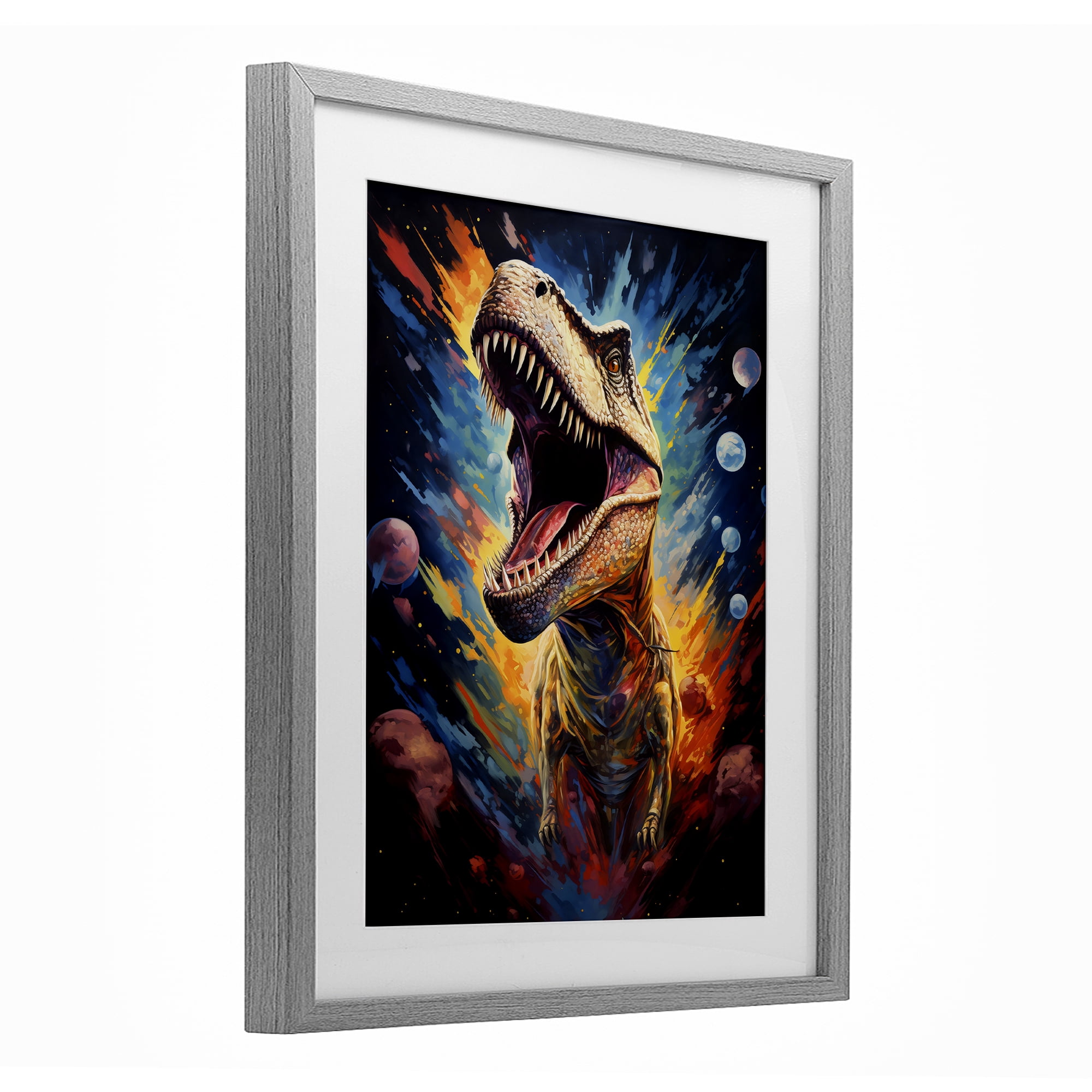 Stupell Industries Dinosaur with Planets Gray Framed Print Under Glass, design by Creative Studio