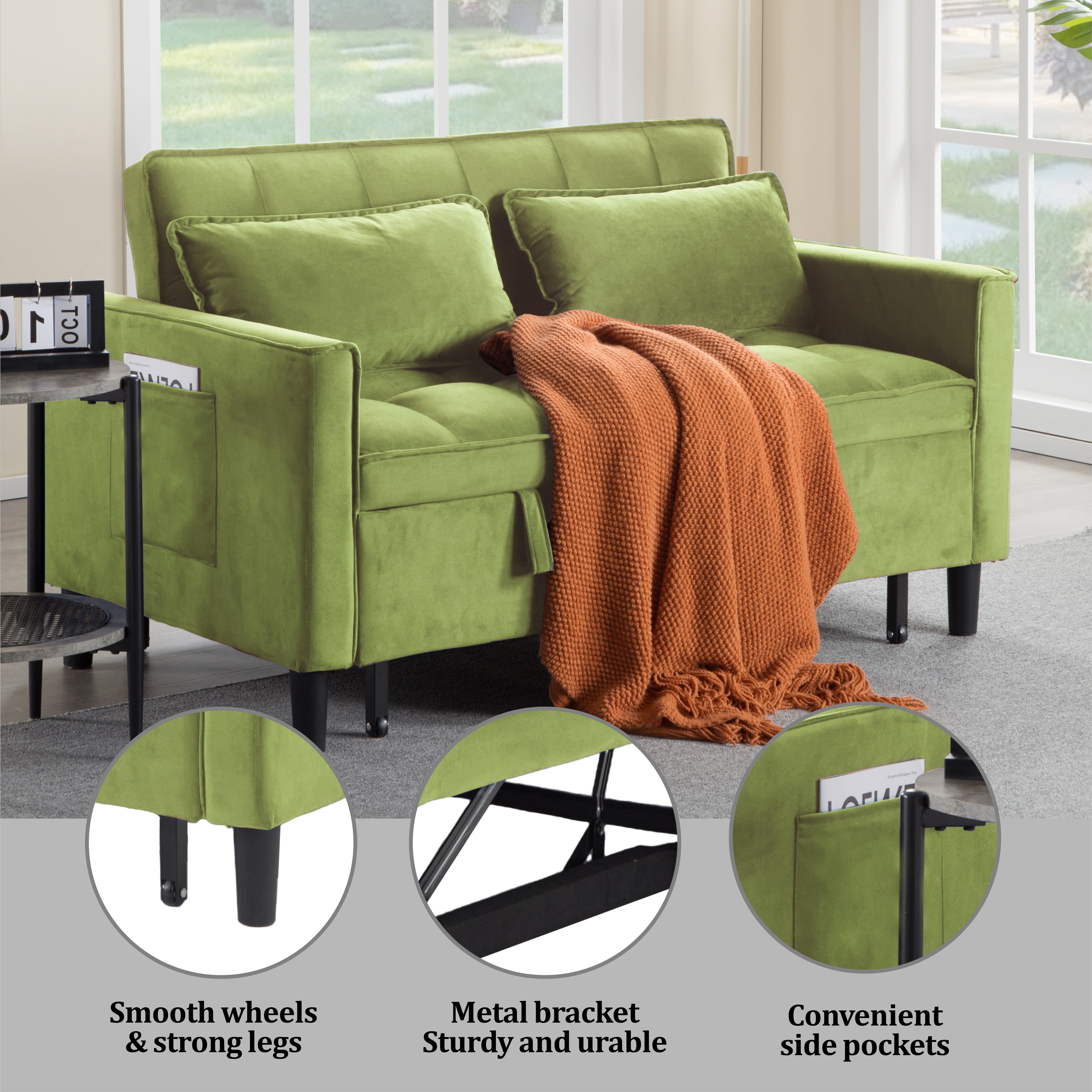 Gewnee 53.94" Pull-Out Sofa Bed – Convertible Twin Size Sleeper Bed,3 Adjustable Backrest Angles & Storage Side Pocket for Living Room,Office,Guest Room.Olive Green