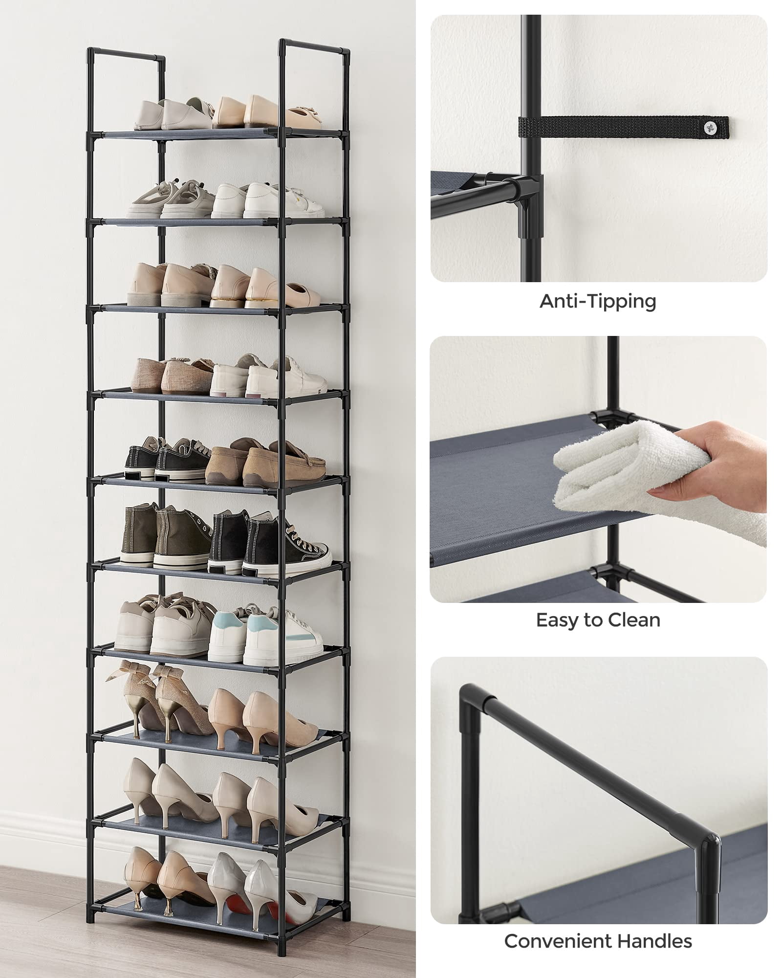 Songmics Shoe Rack  10-tier Shelf Storage Organizer 11 X 17.7 68 Inches Metal Frame Non-woven Fabric Shelves For Entryway Bedroom Gray Ulsh010g01