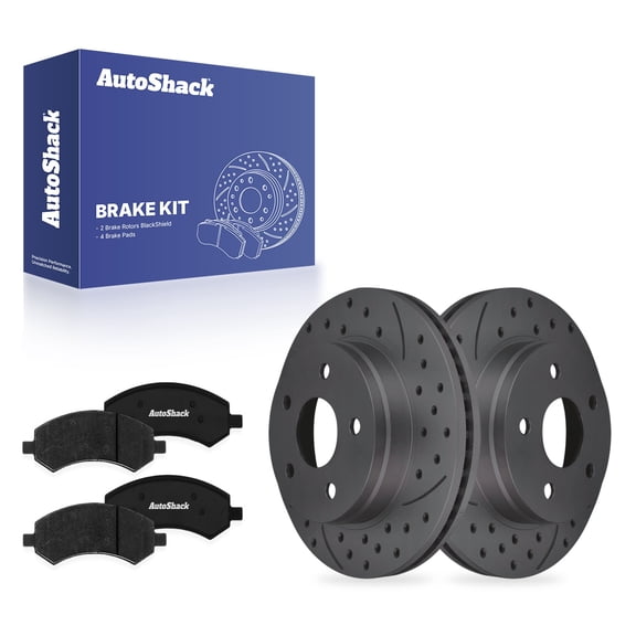 AutoShack Front Vented Drilled & Slotted Coated Brake Rotors Black Matte Finish   Ceramic Pads 6-PC Brake Kit Replacement for 2011-2018 Ram 1500 2006-2010 Dodge Ram 1500 BlackShield 13.22" (335.9 mm)