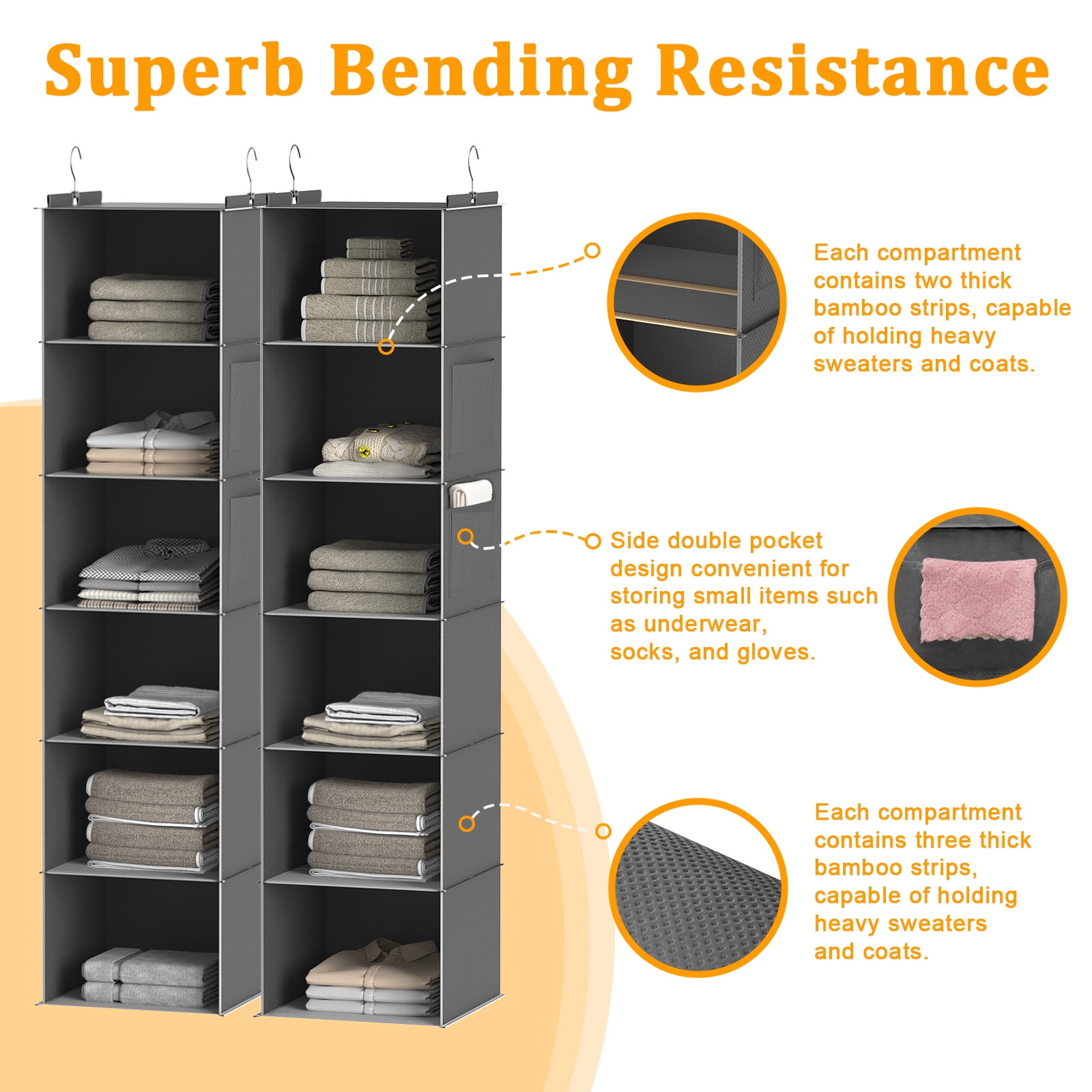 Closet Hanging Storage Shelves, 6-Shelf Hanging Closet Organizer with Bamboo Inserts, Foldable Closet Organizers and Storage for Bedroom,Sturdy Hook Closet Storage W/ 2 Side Pockets,Gray
