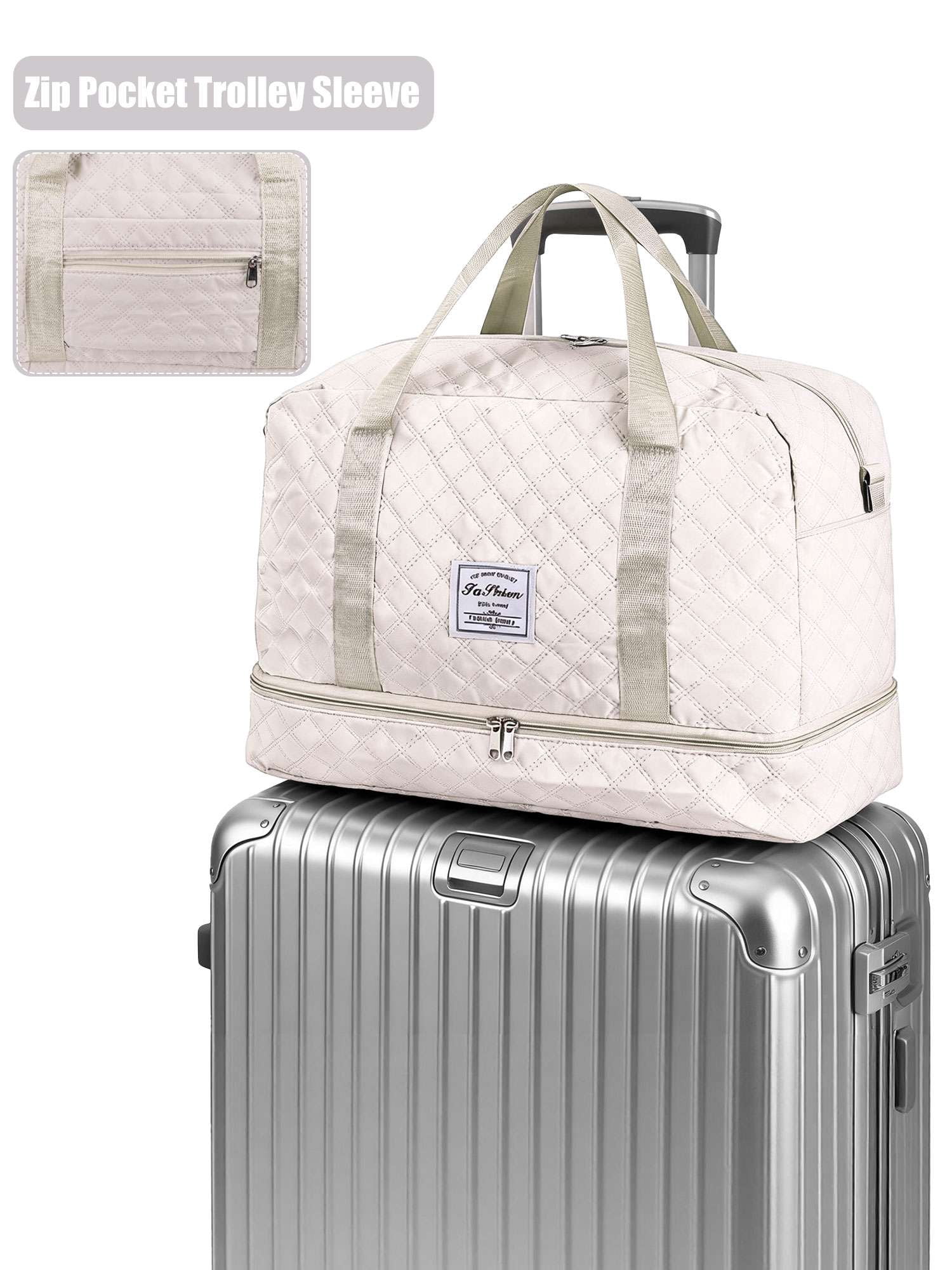 Gustave Quilted Travel Duffle Bag for Women Large Capacity Overnight Weekender Gym Hospital Bag Water Resistant Carry On Totes with Shoe Compartment & Wet Pocket, White