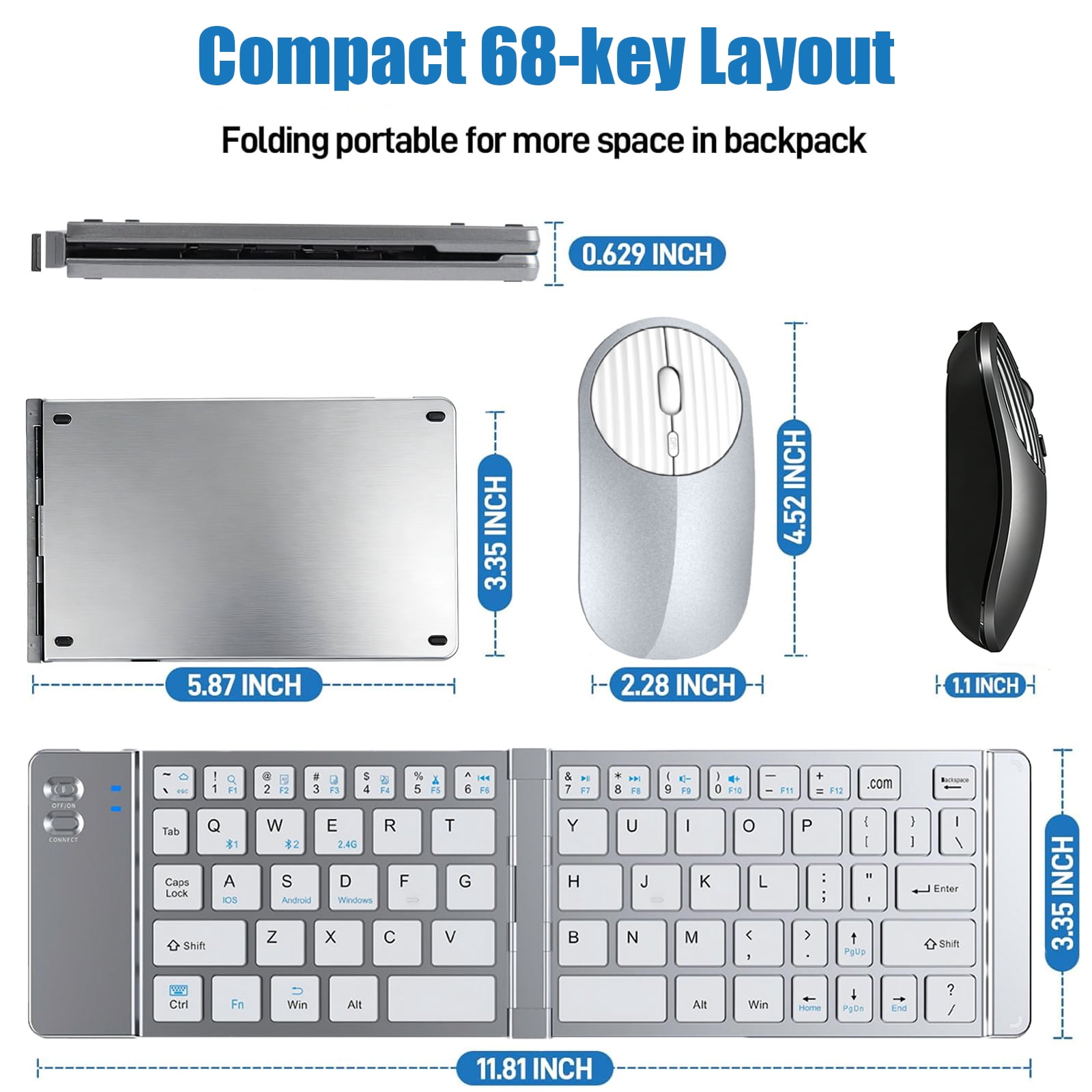 RONY Foldable Wireless Bluetooth Keyboard & Mouse Combo: Rechargeable Portable Travel Keyboard for Phone Laptop Mac Desktop (Silver)