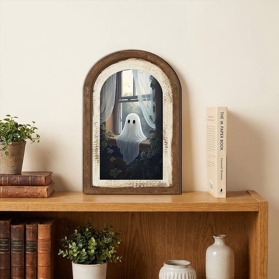 Vintage Halloween Wall Decor,Spooky Ghost Arch Spooky Decor,Wooden Rustic Double-Layer Halloween Table Decor for Door Frame Shelf Wall Halloween Party Home Decoration - Style D