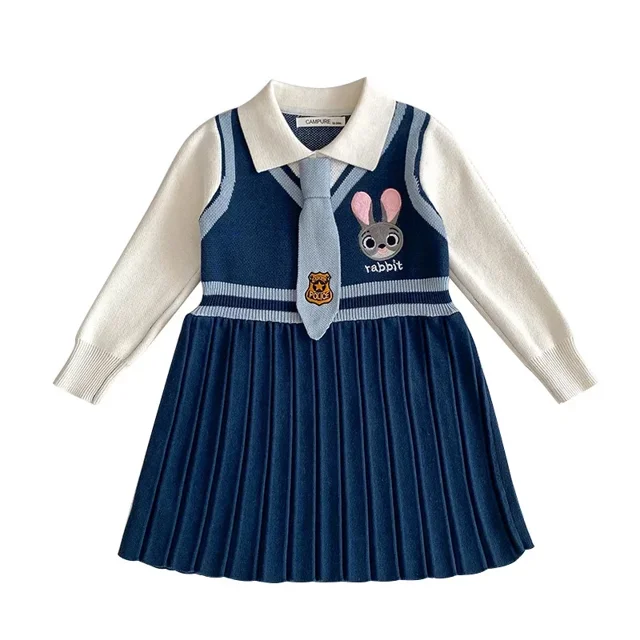 Vestido plisado de conejo de dibujos animados para niñas, ropa para niños, vestido de punto Preppy, lindo Zootopia Judy Hopps, vestidos de fiesta para bebés