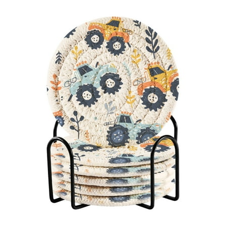 Cartoon Monster Truck Coasters with Holder for Coffee Table 6 Pcs Drink Coaster Sets Absorbent for Home Decor 4 inch