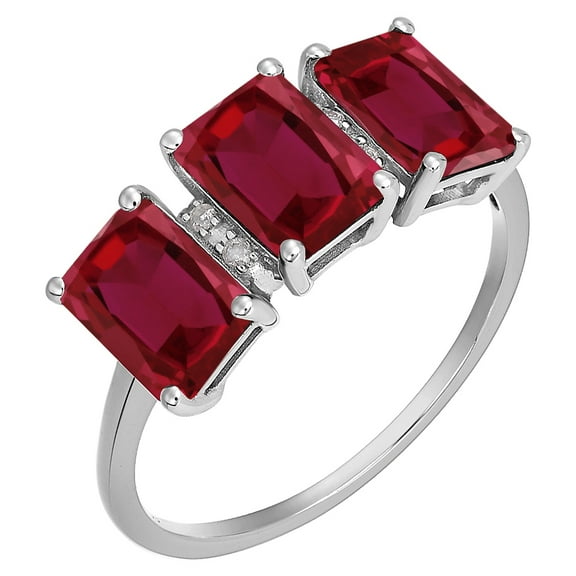 10k White Solid Gold Emerald-cut 3-Stone Created Ruby and Natural Diamond Birthstone Anniversary Ring