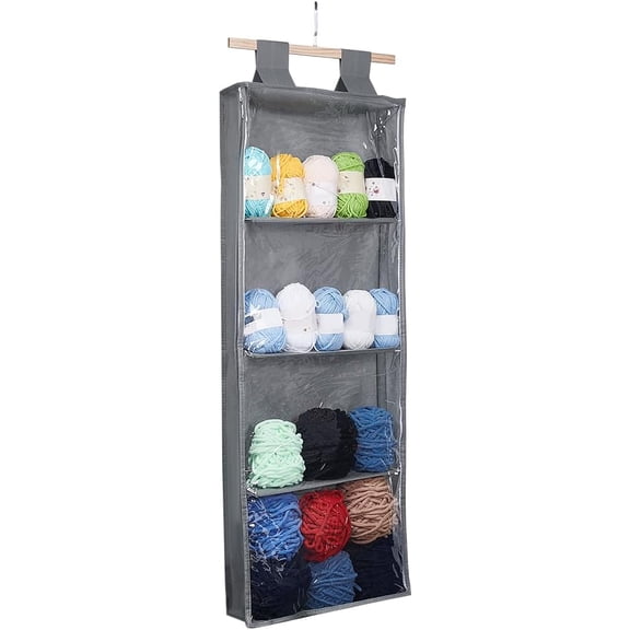 Hanging Yarn Storage with 4 Large Clear Pockets Grey Knitting Organizer Storage with Zipper Closure Yarn Display Holder Over The Door