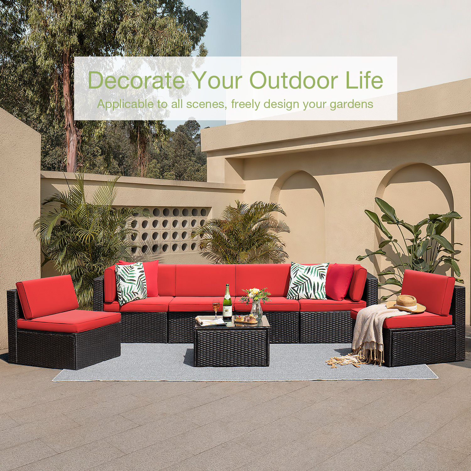 Vineego 7 Pieces Outdoor Patio Furniture Sets Wicker Sectional Sofa All-Weather PE Rattan Conversation Sets, Red