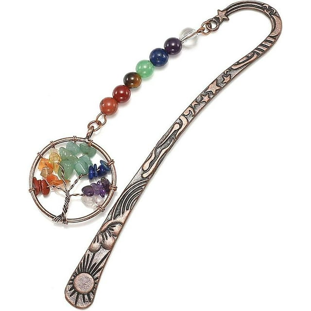 Marcador de libros de metal de cobre antiguo, marcapáginas con abalorios, con cristales curativos de 7 chakras hechos a mano, árbol de la vida, piedras preciosas pulidas multicolor, 4,84 pul