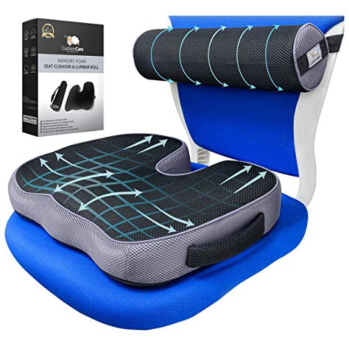 2pc Seat Cushion and Lumbar Roll Combo for Office Chair - Memory Foam 3D Mesh - Pain and Pressure Relief for Lower Back, Sciatica, Coccyx, Butt, Tailbone - Posture Support Pillow for Desk, Car, Wheelc
