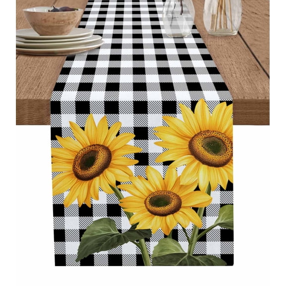 Ldtrchee Sunflower Black Plaid Table Runner 90 Inches, Pastoral Pastel Country Floral Bed Runner Dresser Scarves Tabletop for Indoor Outdoor Parties/Ceremony/Banquet, 13" x 90"