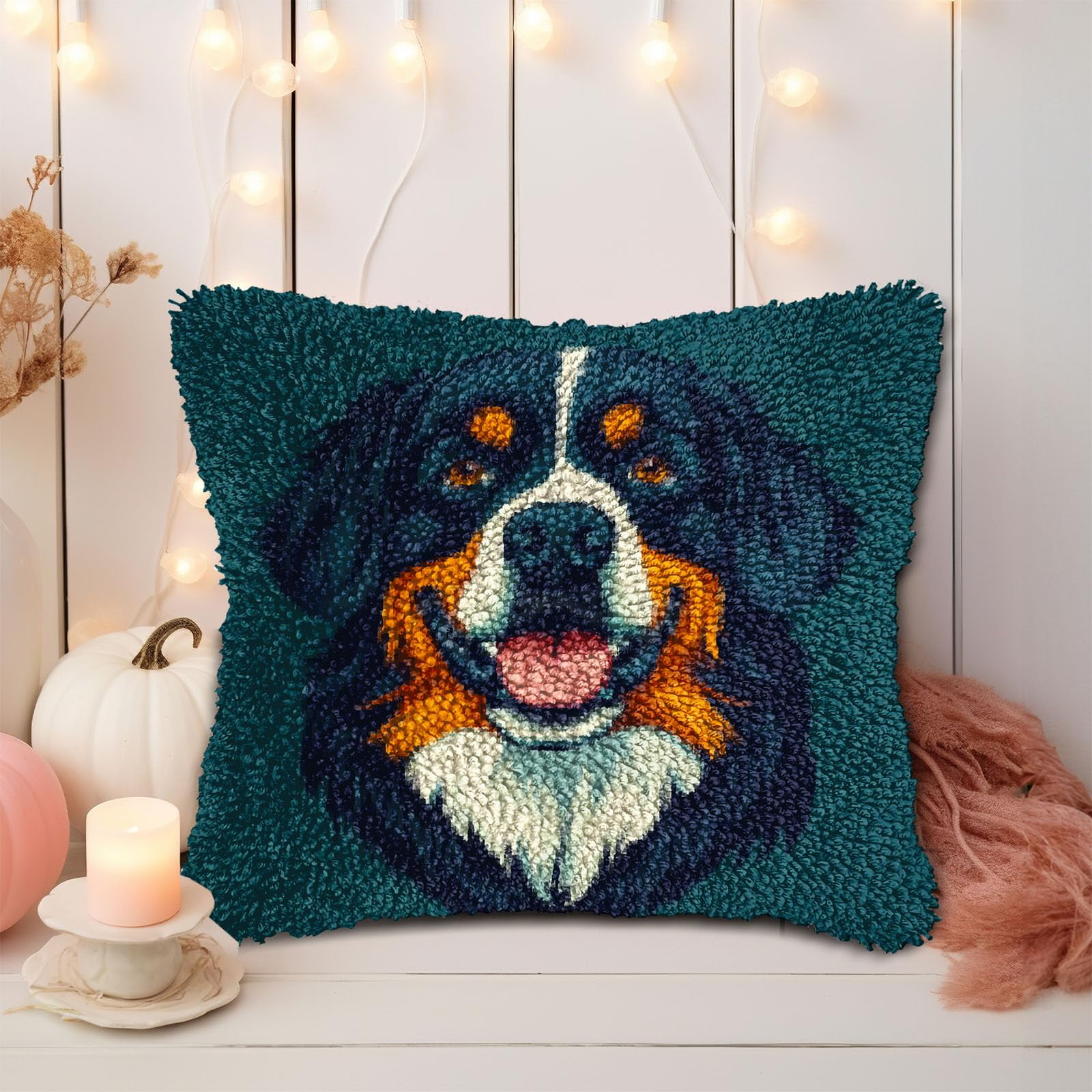 DIY Latch Hook Pillow Kits for Adults Bernese Mountain Dog Portrait Printed Pillowcase Crochet Yarns Hooking Handmade Pillow Cover Cushion for Home Sofa Decoration 17x17inch(2)