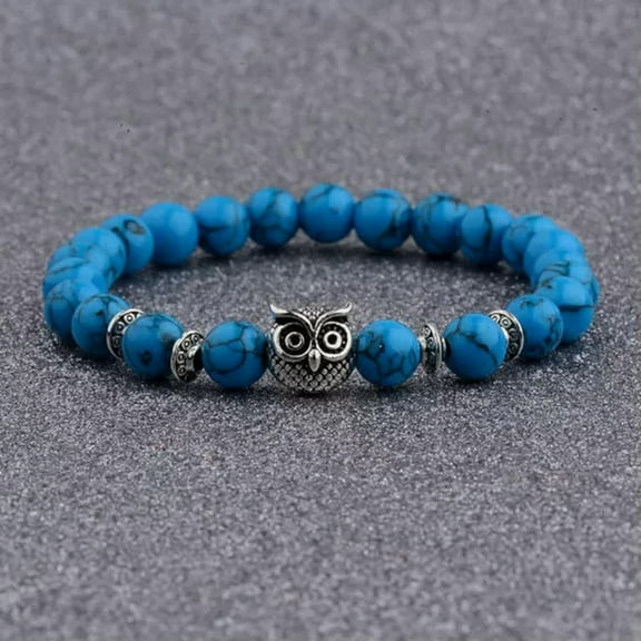 EOEMY Natural Lava Stone Beaded Charm Bracelet Gold Silver Owl 8mm 7.5''-11