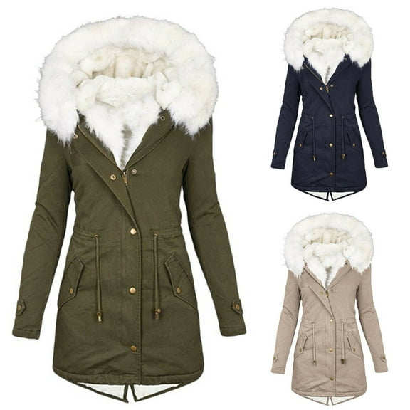 Juebong Women's Long Winter Puffer Coat Warm Thicken Fleece Lined Down Jacket Long Sleeve Windproof Hooded Parka Outerwear Army Green,XS