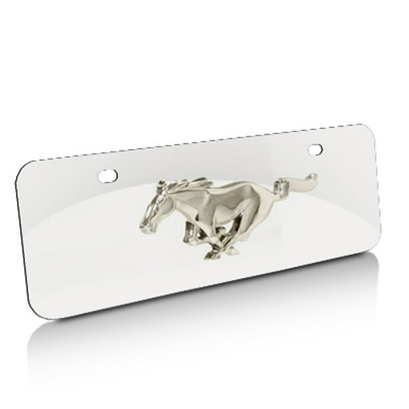 Mustang 3D Running Pony Emblem on Half-Size Chrome Stainless Steel License Plate
