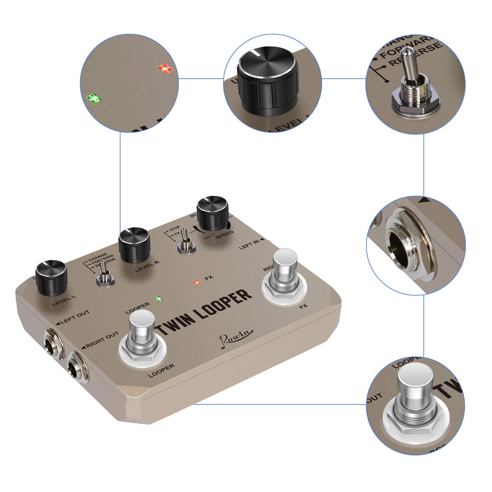 Rowin Guitar Looper Pedal With 2 Footswitch 11 Playback Types 10-Minute Recording 24-Bit Sampling Zinc Alloy Guitar Loop Station Pedal For Electric Guitar Effects