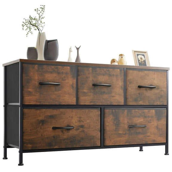 JIOABL Modern Dresser with Fabric 5-Drawer, Metal Frame, Ideal for Bedroom Storage, Rustic Brown