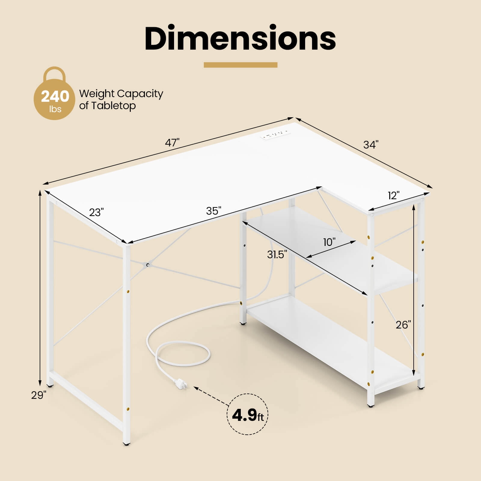 Costway L-Shaped Computer Desk with Power Outlets Adjustable shelf Heavy-Duty Metal Frame White