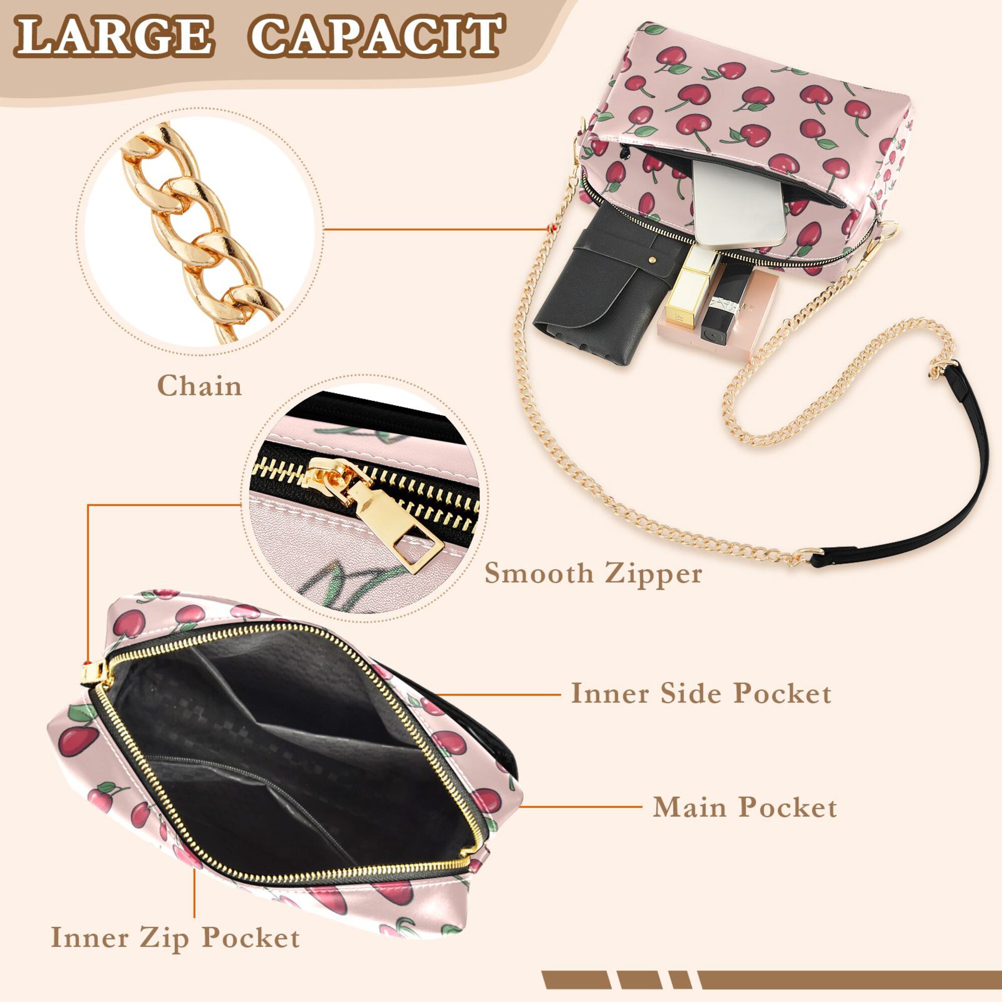 FORMRS Women Crossbody Purse with Chain Strap Vegan Leather Shoulder Handbag, Cherries Pattern