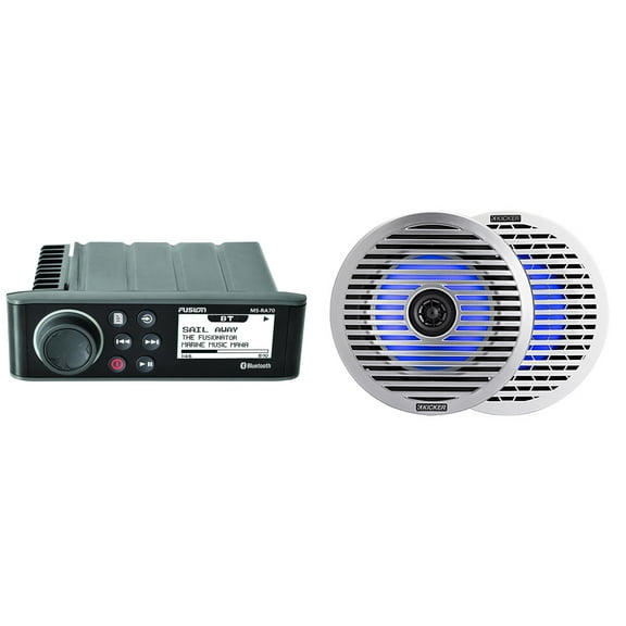 Fusion Entertainment MS-RA70 Marine Entertainment System with Bluetooth w/ 51KM614FL 6.5-Inch (165mm) Thin-Mount Marine Coaxial Speakers with RGB LED, 4-Ohm, White & Silver Grilles Included