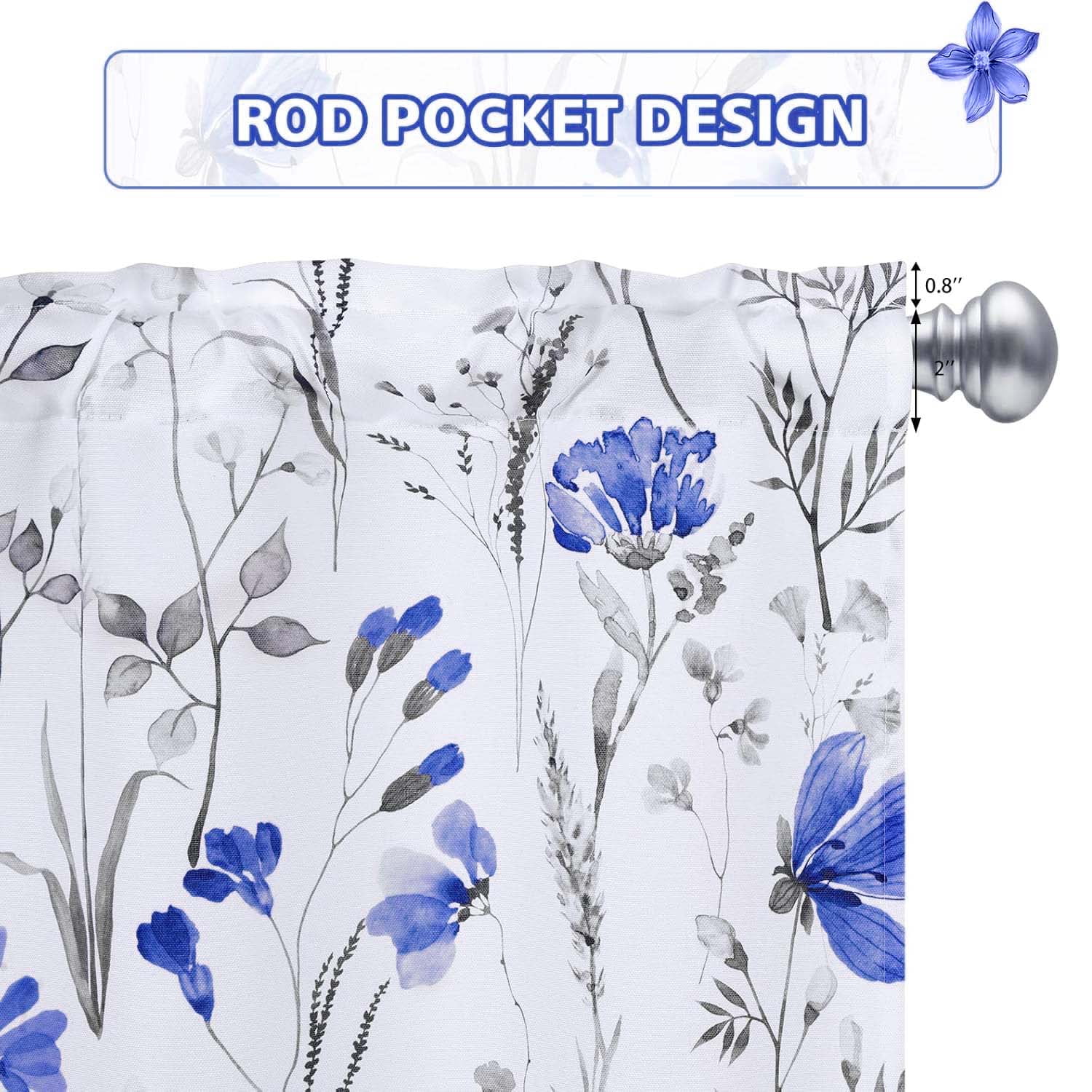 Alishomtll Kitchen Curtains Blue Floral Valance Swag Curtains Watercolor Flower Window Drapes,61" W x 36" L,Rod Pocket