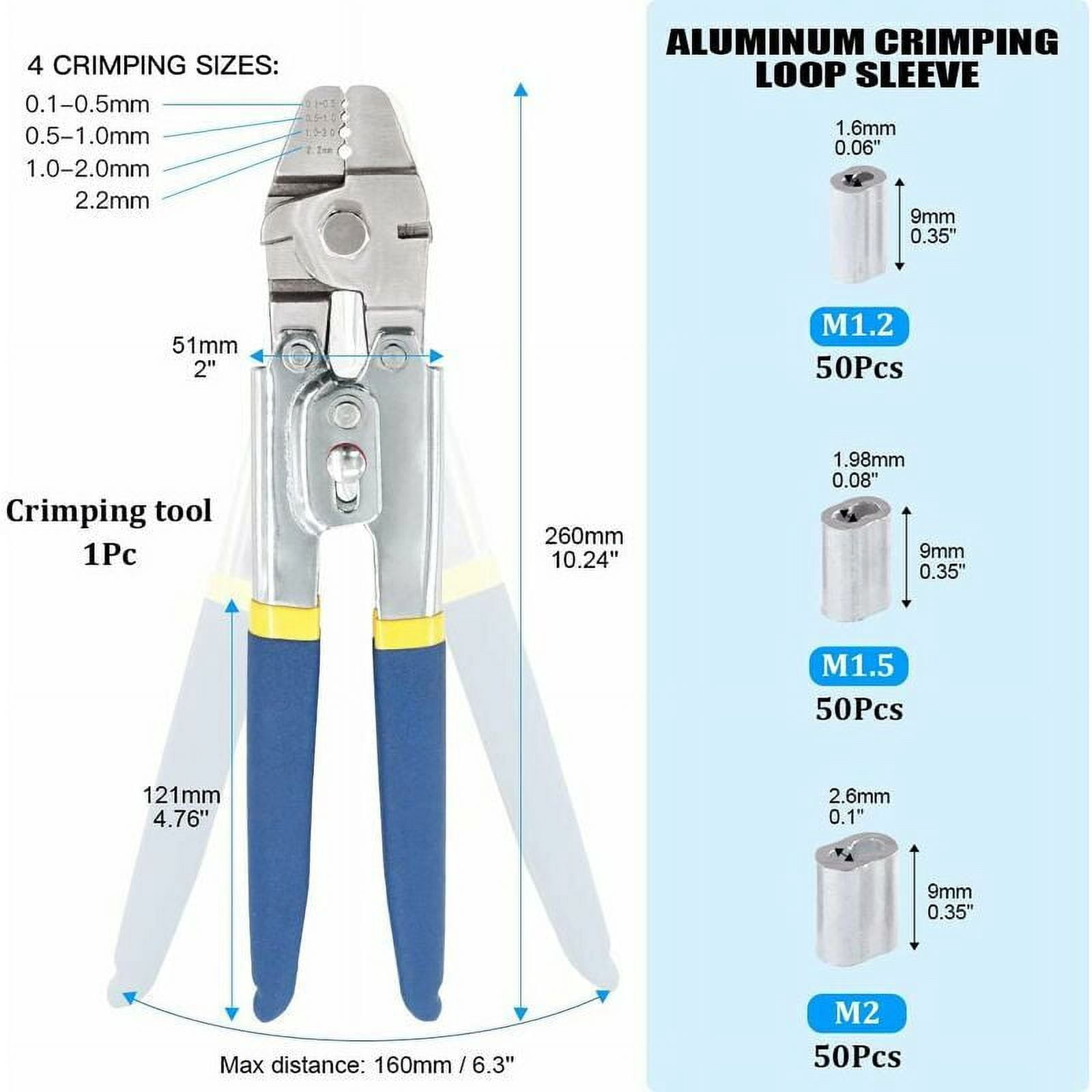 Crimping tool for wire rope up to 2.2 mm with 150 aluminum double barrel crimp sleeves in 3 sizes