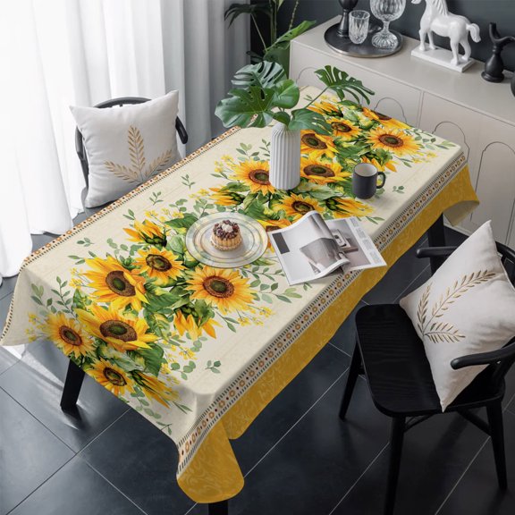 Sunflower Yellow Table Cloth Waterproof Tablecloths, Retro Southwest Country Plant Leaf Floral Tablecloth Dining Table Cover for Kitchen Party Tabletop Outdoor, Rectangle Tablecloth 60x120 Inch