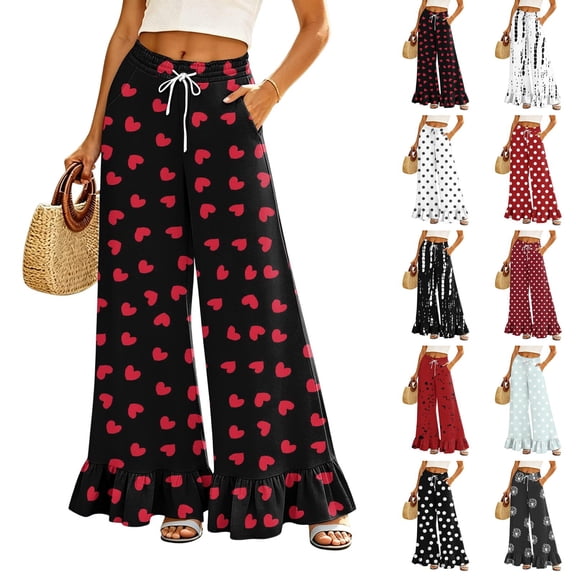 Heart & Polka Dot Print Wide Leg Pants - Ruffle Hem High Waisted Palazzo Trousers with Pockets, Drawstring Casual Lounge Pants Black L