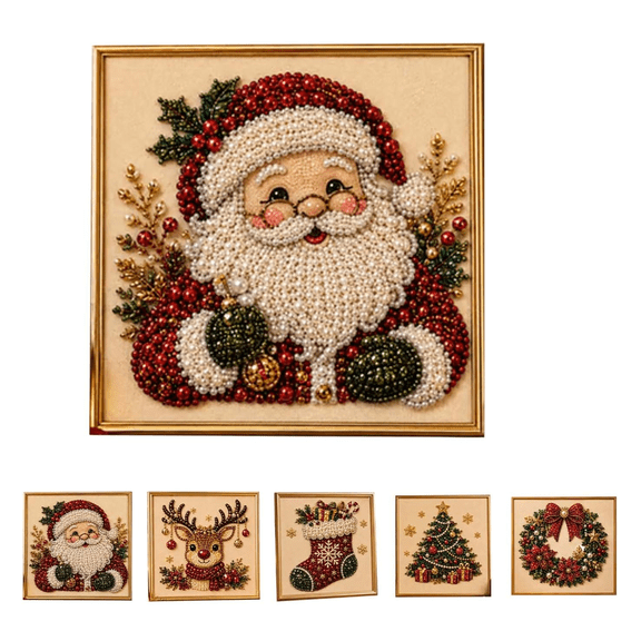 DIY Christmas Pearl Diamond Painting Art Kit with Frame, Christmas Pearl Beads Art Craft for Adults & Beginners, Gemstone Diamond Dots Beads Painting for Home Wall Decor