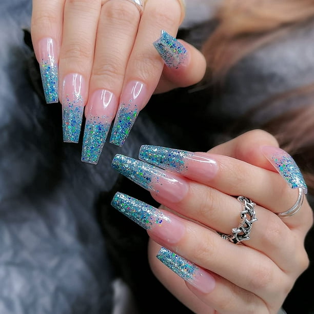 24Pcs Fake Nails With Ombre Glitter Design, Press On Nails Long Coffin  Luxury Nails, Acrylic Nails Artificial French Tip For Women/Daily/Party( Glitter Blue) - Walmart.Com