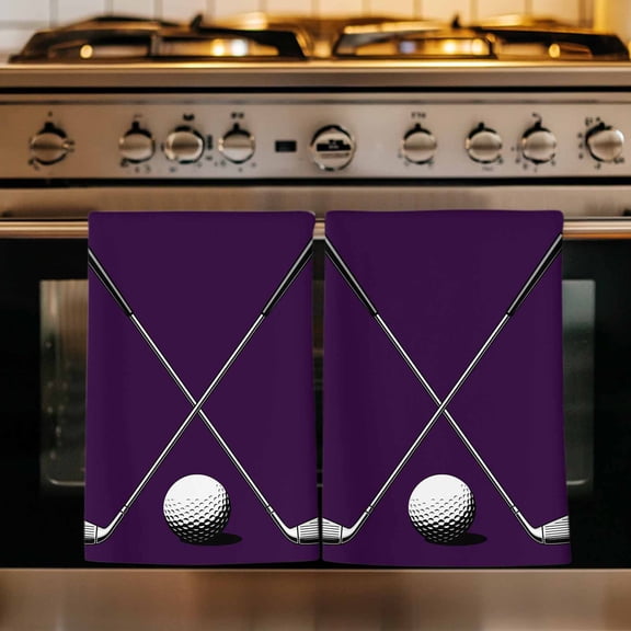 Golf Ball Club Kitchen Towels Set of 3, Sports Abstract Vintage Purple Absorbent Dish Towels for Kitchen, Microfiber Hand Towel, Quick Drying Tea Towel for Cleaning Decorative Dishcloths