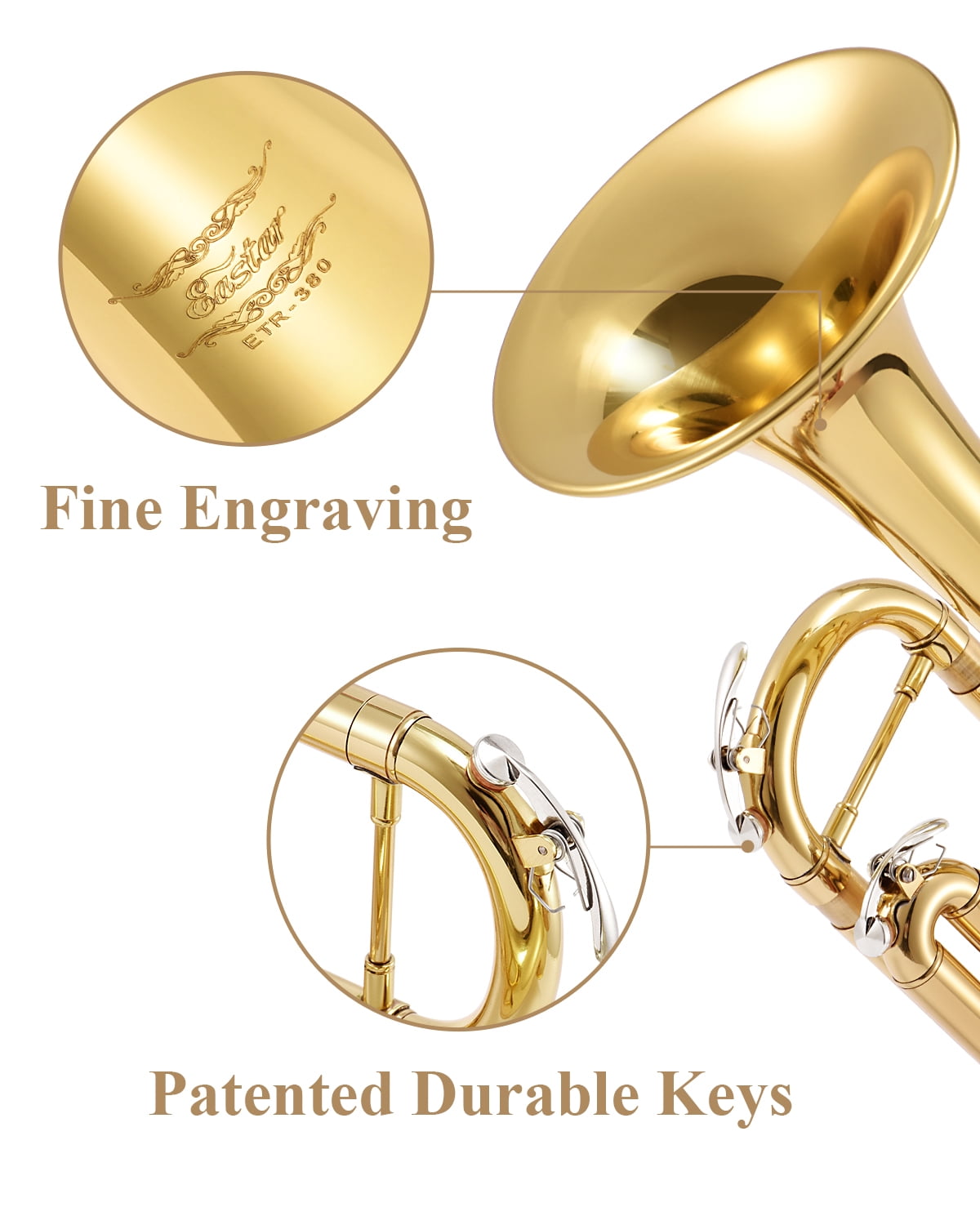 Eastar Bb Standard Trumpet Set for Student Beginners, Brass Instrument with Gold Lacquer Finish & Carrying Case for School Band